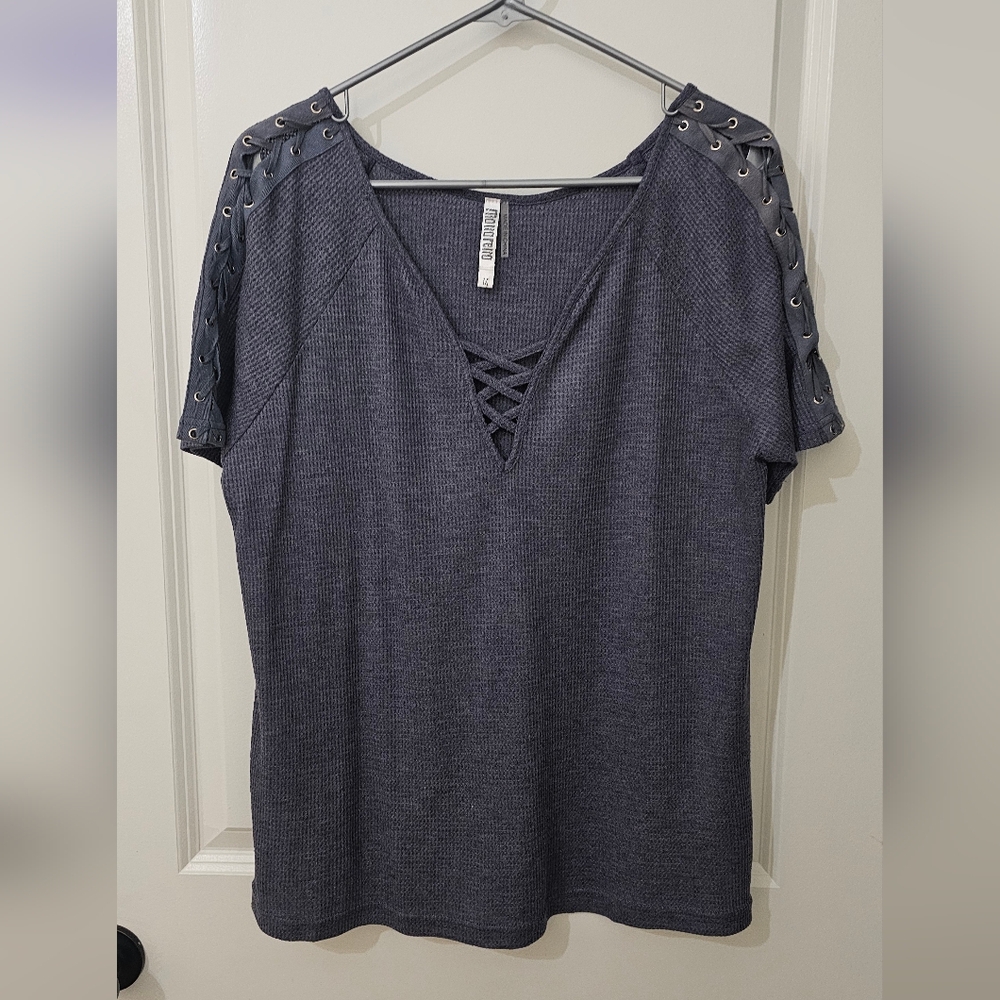 Monoreno Charcoal Short Sleeve Top with Lace-Up Shoulders